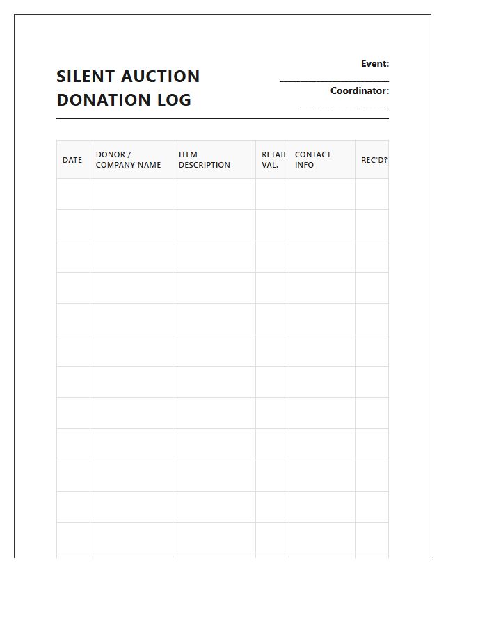Printable Silent Auction Donation Log Chart