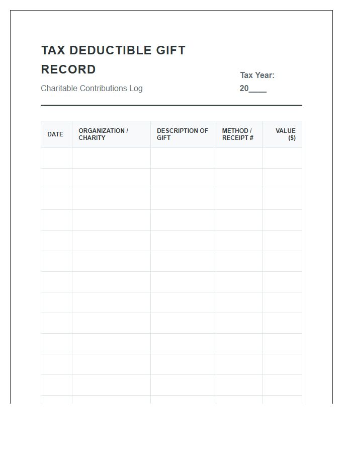 Tax Deductible Gift Record Printable Chart