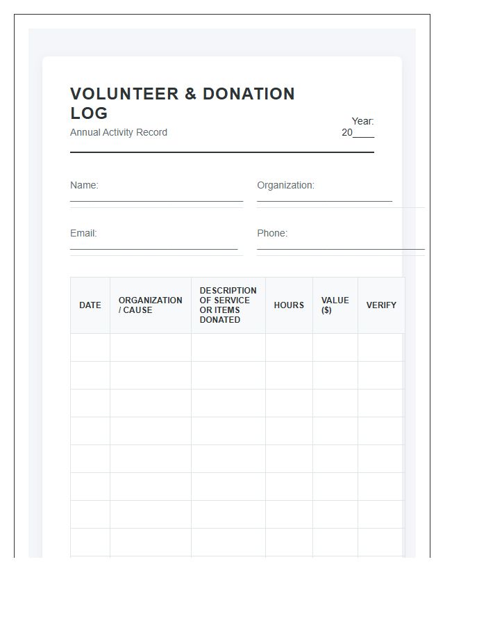 Volunteer Service And Donation Record Printable Chart