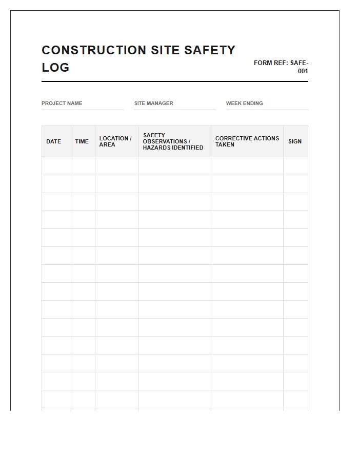 Construction Site Safety Log Printable Chart