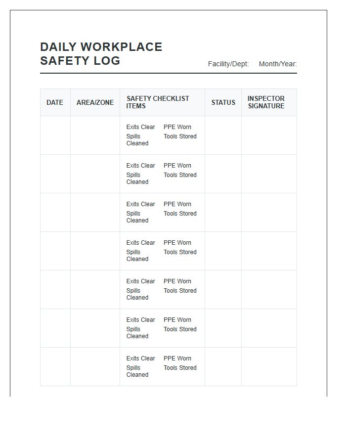 Daily Workplace Safety Log Printable Chart