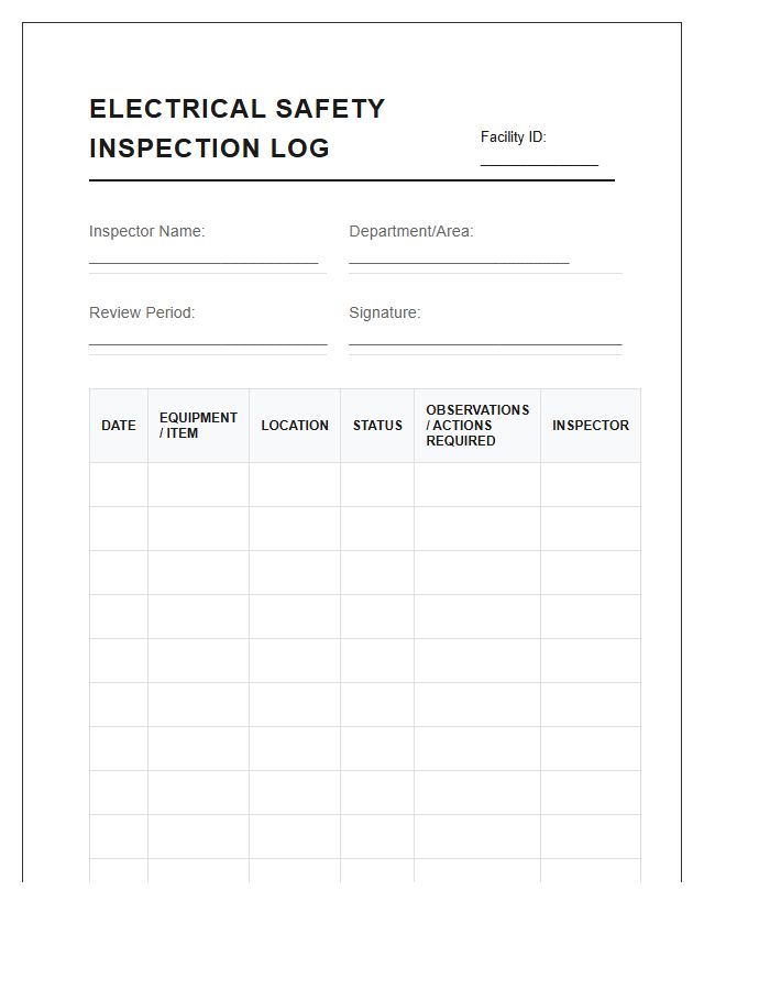 Electrical Safety Inspection Log Printable Chart