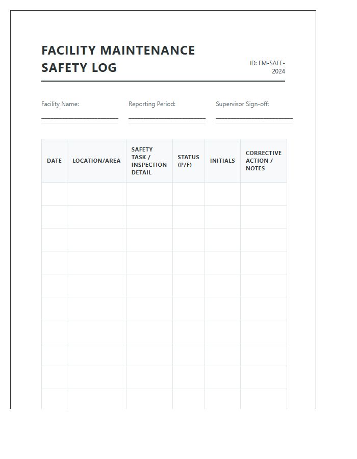 Facility Maintenance Safety Log Printable Chart