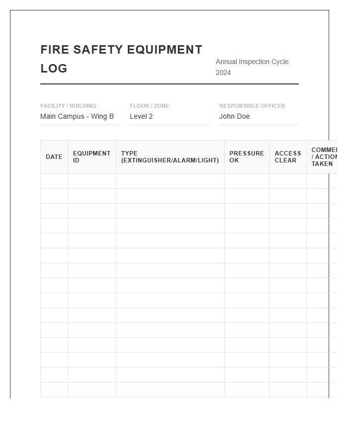 Fire Safety Equipment Log Printable Chart