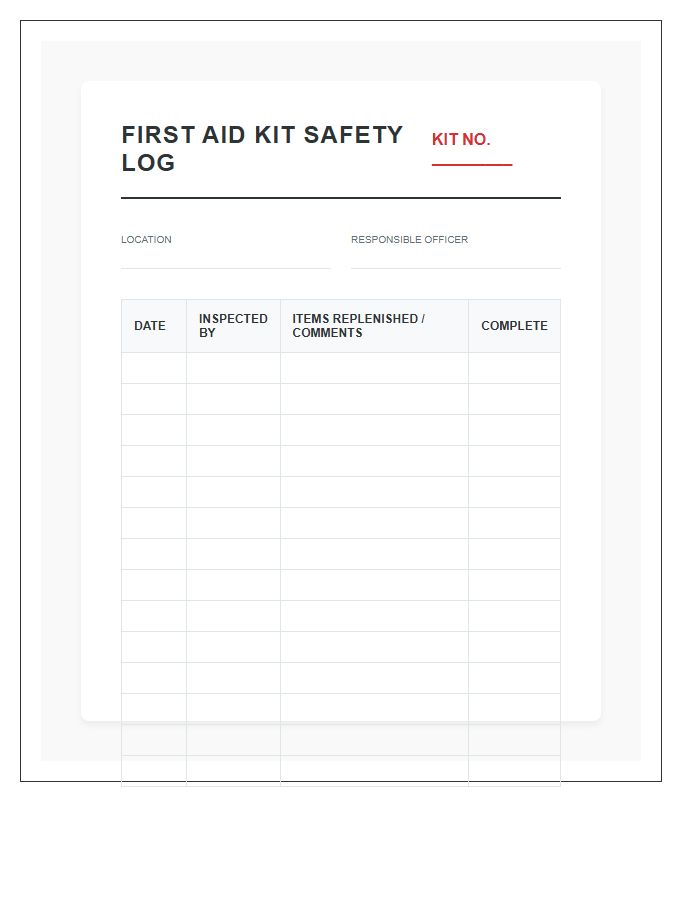 First Aid Kit Safety Log Printable Chart