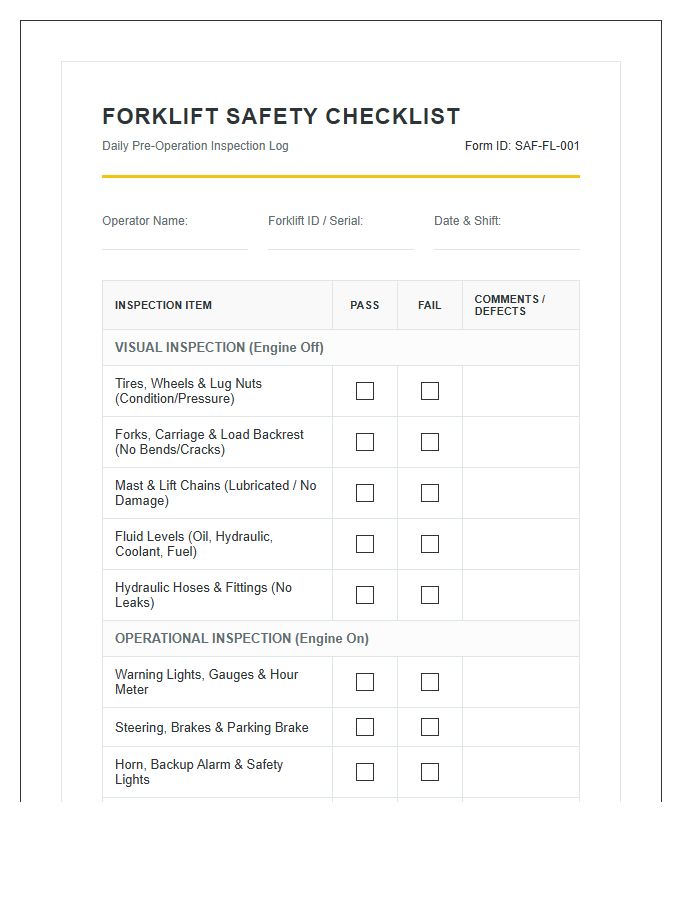 Forklift Safety Checklist Log Printable Chart