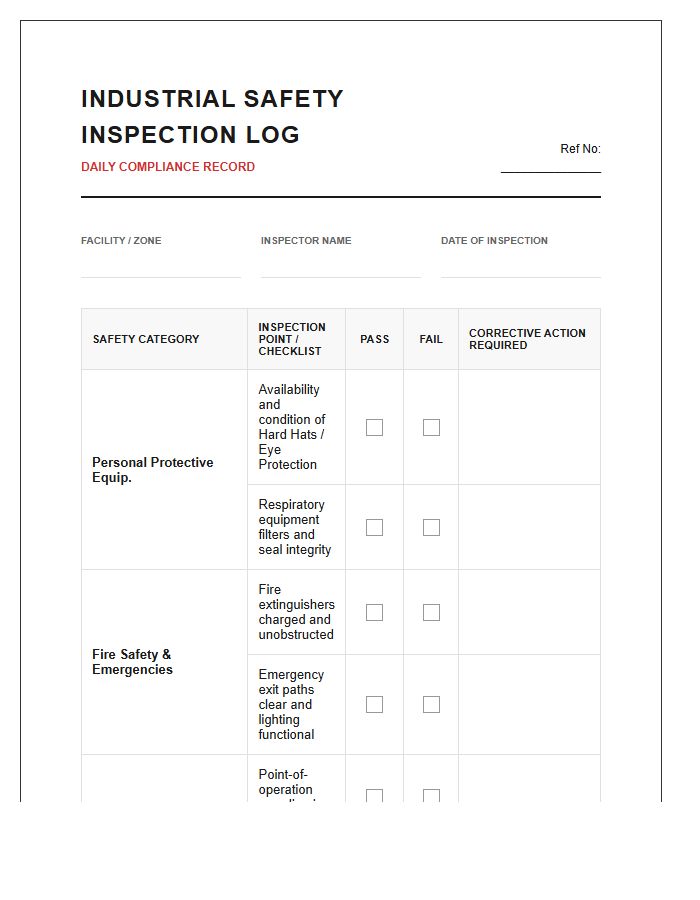 Industrial Safety Inspection Log Printable Chart