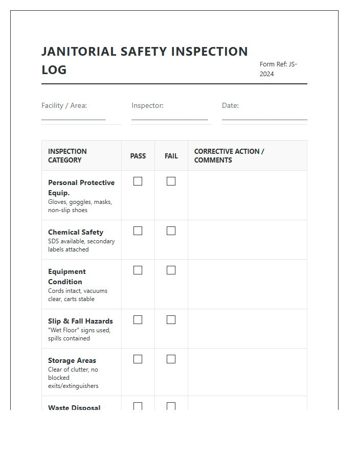 Janitorial Safety Inspection Log Printable Chart
