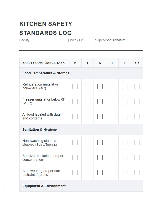 Kitchen Safety Standards Log Printable Chart