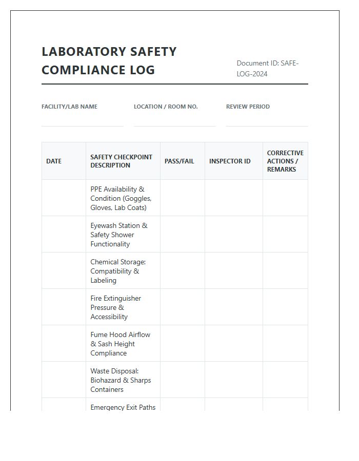 Laboratory Safety Compliance Log Printable Chart