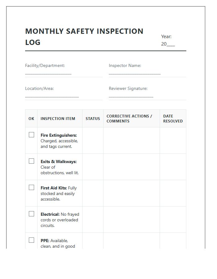 Monthly Safety Inspection Log Printable Chart