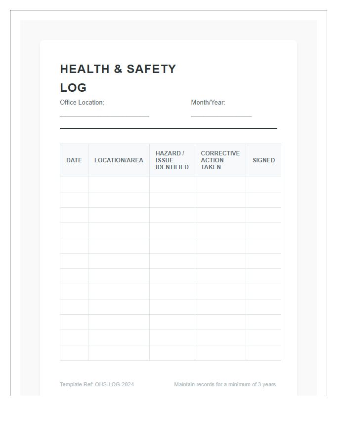 Office Health And Safety Log Printable Chart