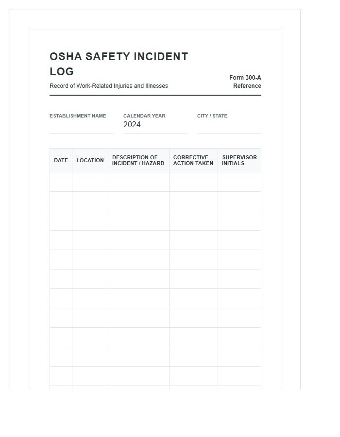 OSHA Compliant Safety Log Printable Chart