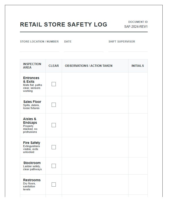 Retail Store Safety Log Printable Chart