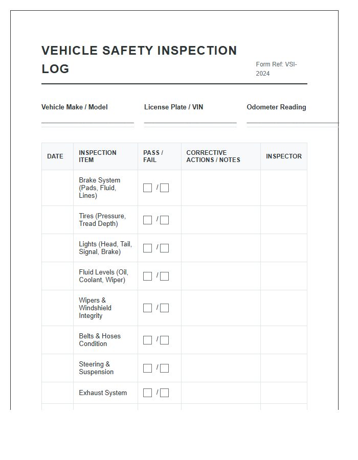 Vehicle Safety Inspection Log Printable Chart