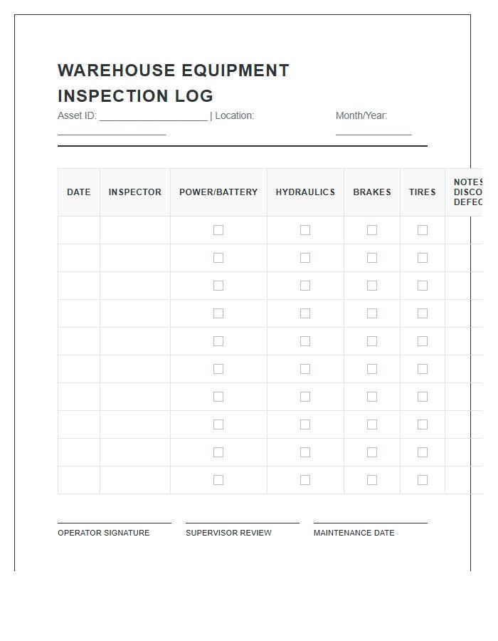 Warehouse Equipment Inspection Log Printable Chart