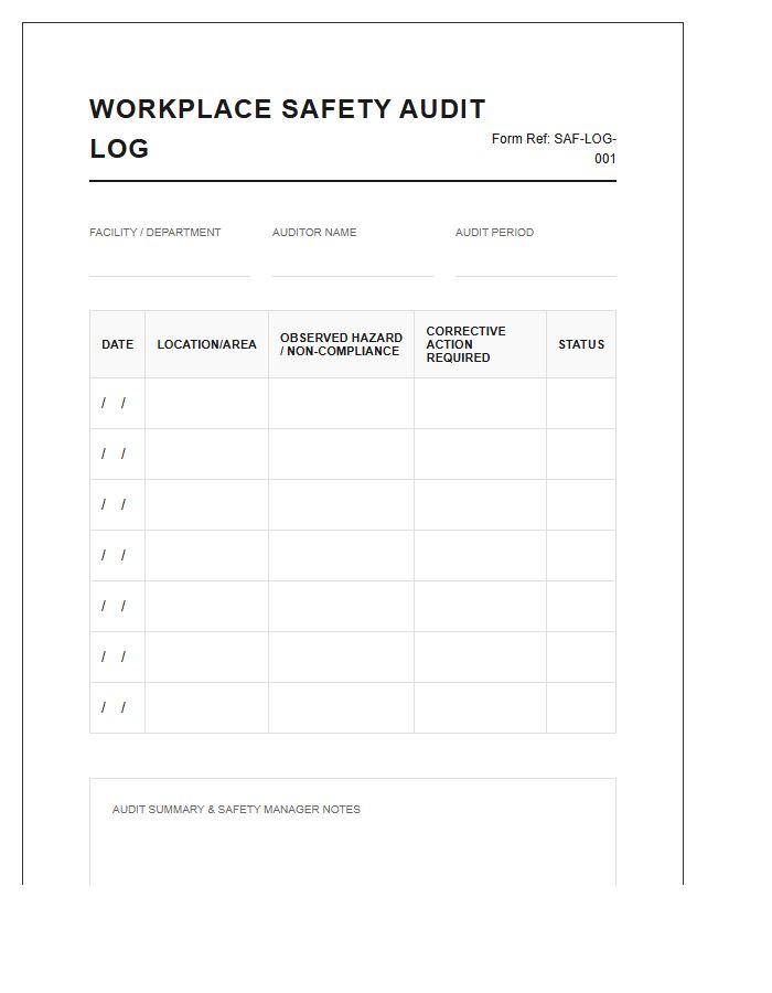 Workplace Safety Audit Log Printable Chart