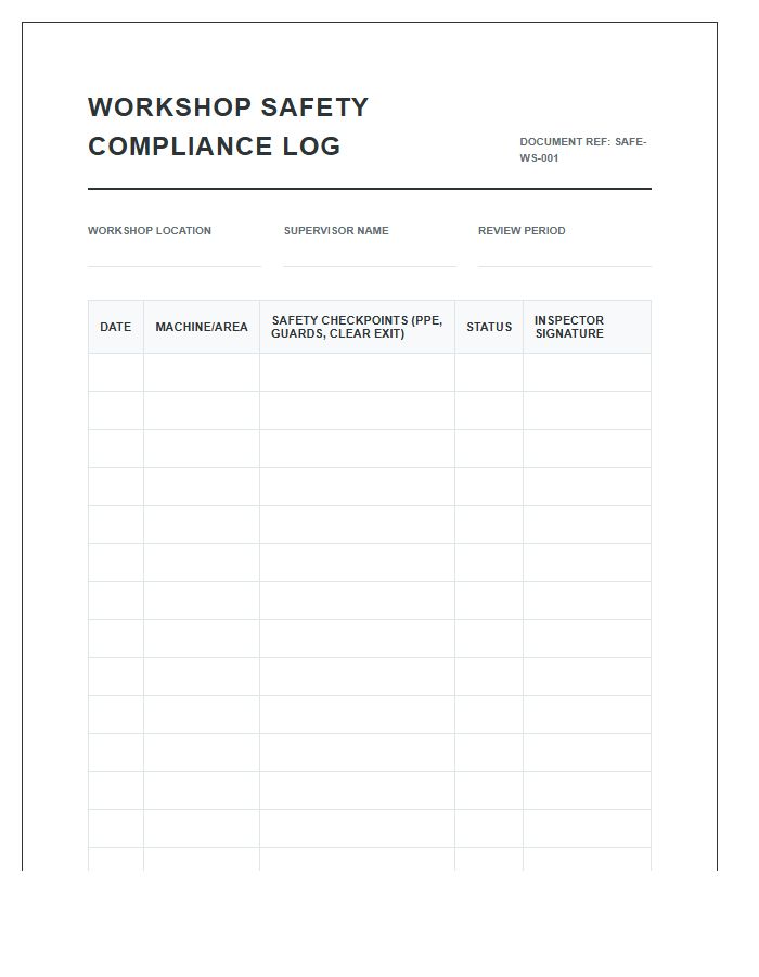 Workshop Safety Compliance Log Printable Chart