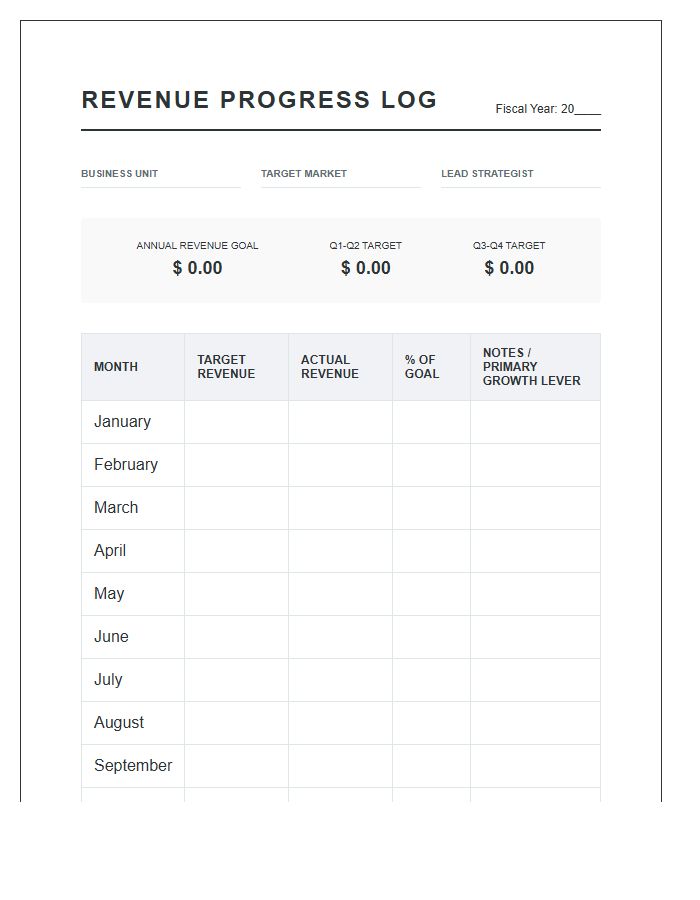 Printable Business Revenue Goal Setting Progress Log Chart