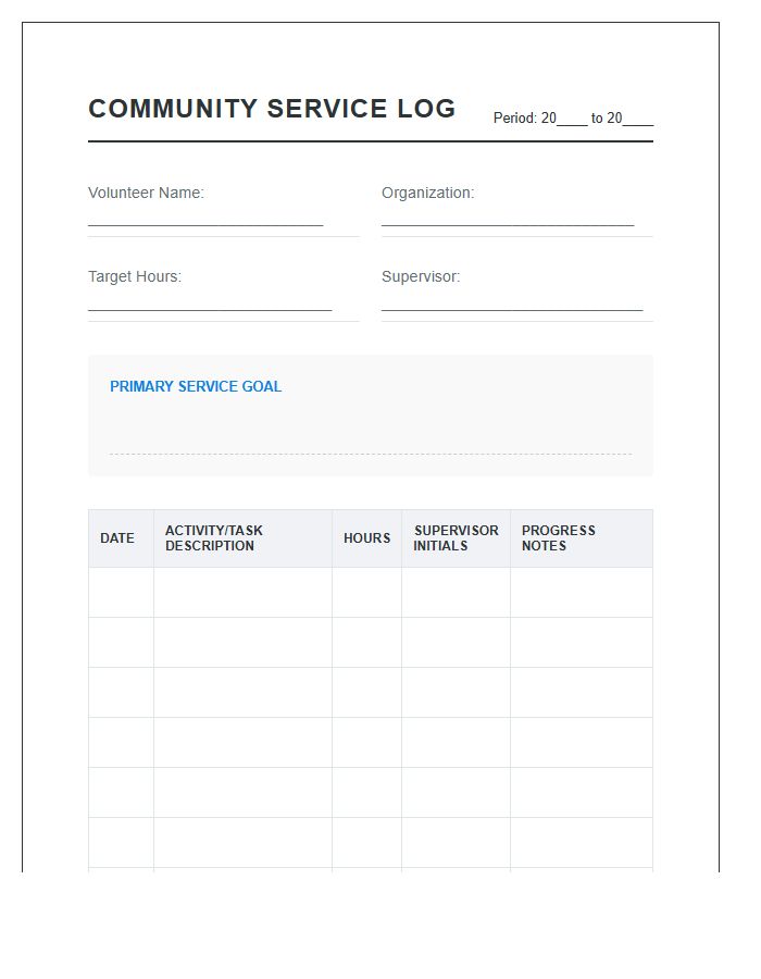 Printable Community Service Goal Setting Progress Log Chart
