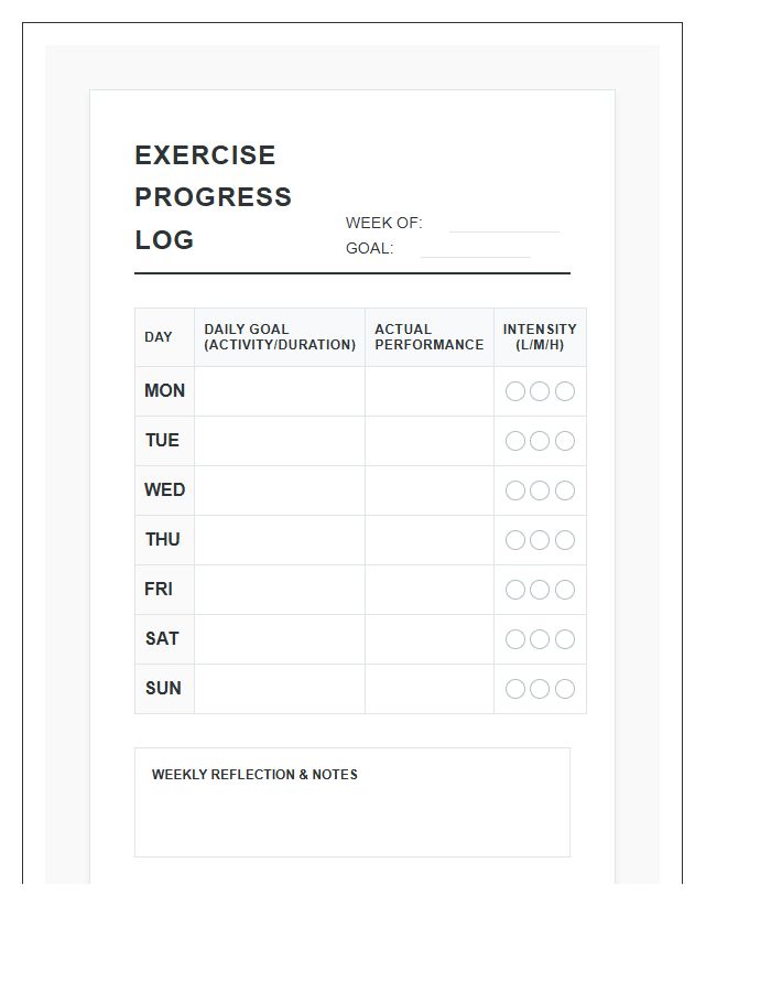 Printable Daily Exercise Goal Setting Progress Log Chart