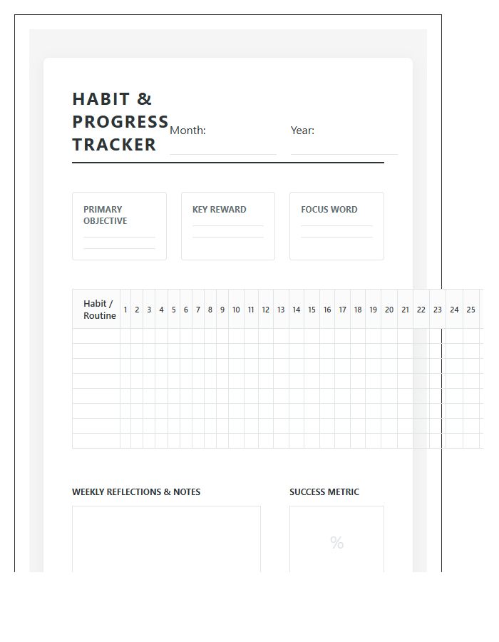 Printable Habit Tracking Goal Setting Progress Log Chart