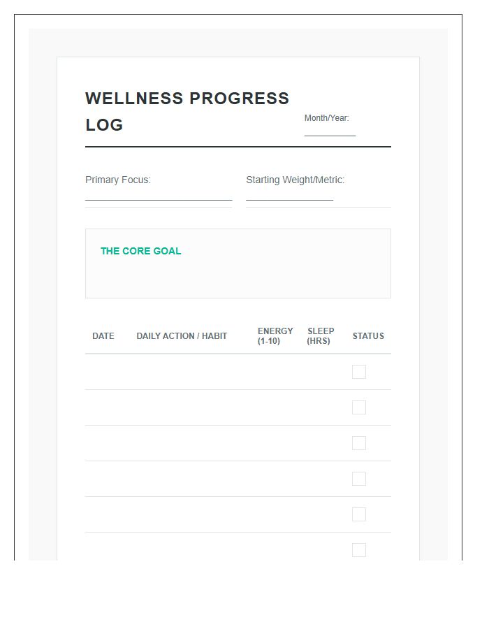 Printable Health And Wellness Goal Setting Progress Log Chart