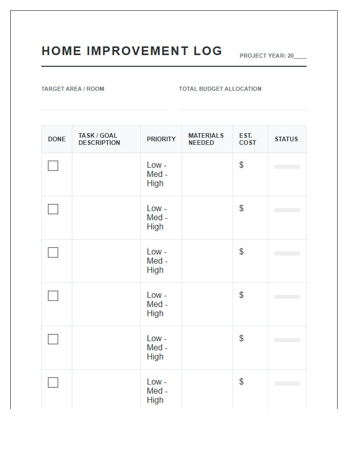 Printable Home Improvement Goal Setting Progress Log Chart