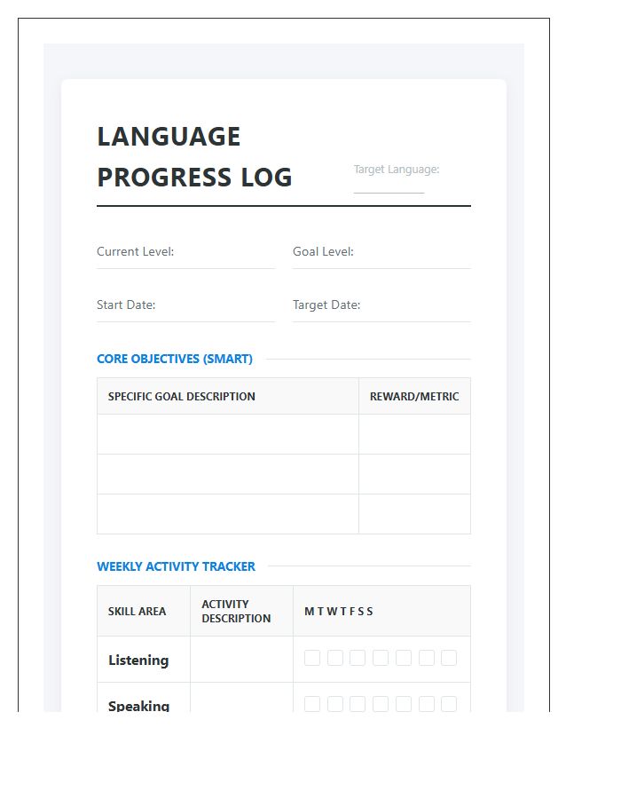 Printable Language Learning Goal Setting Progress Log Chart