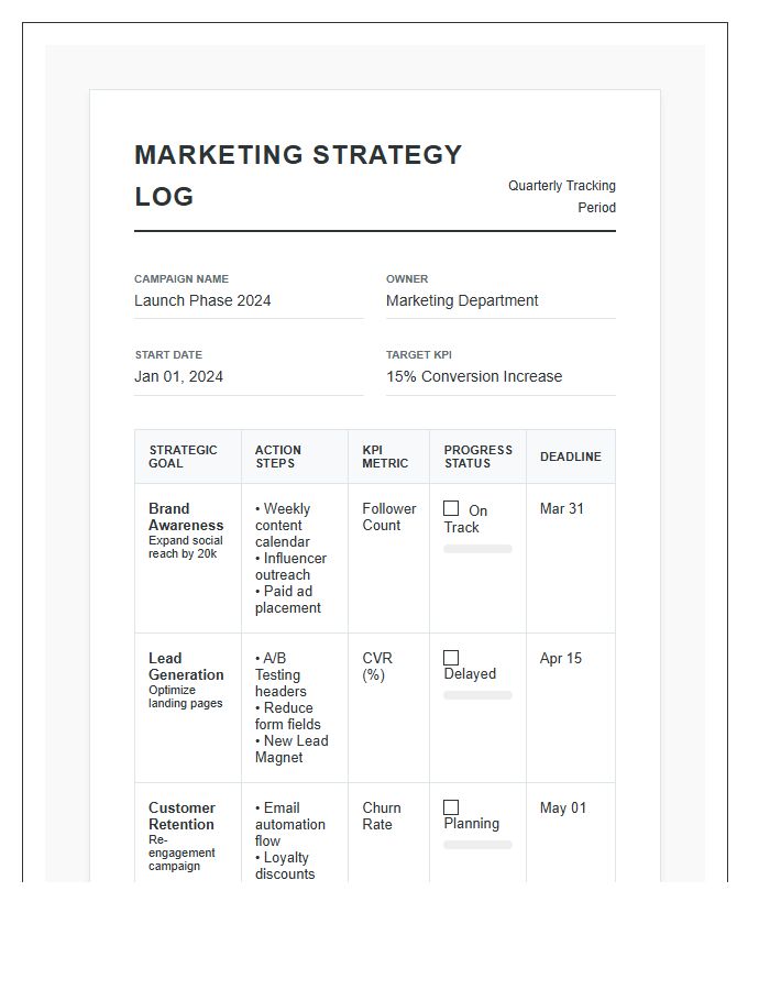 Printable Marketing Strategy Goal Setting Progress Log Chart