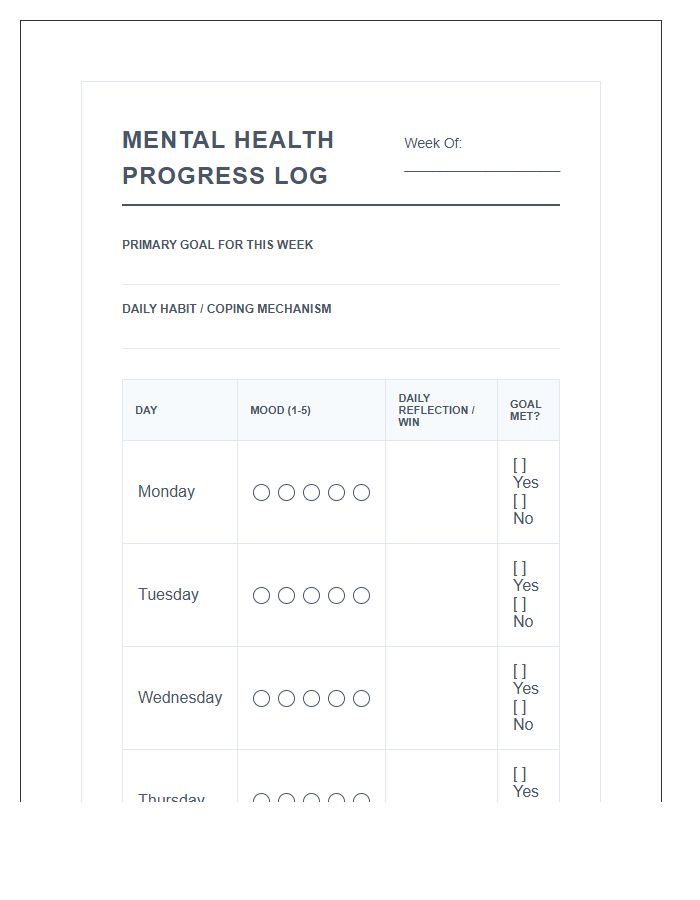 Printable Mental Health Goal Setting Progress Log Chart