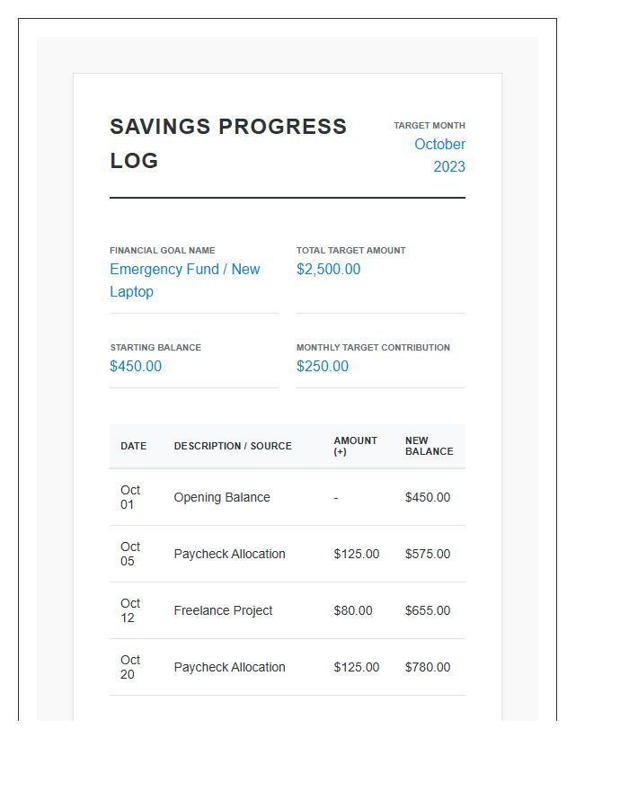 Printable Monthly Savings Goal Setting Progress Log Chart