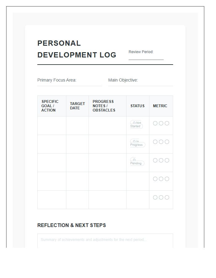 Printable Personal Development Goal Setting Progress Log Chart