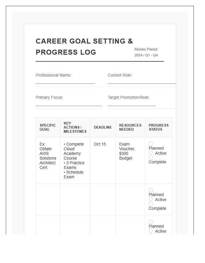 Printable Professional Career Goal Setting Progress Log Chart