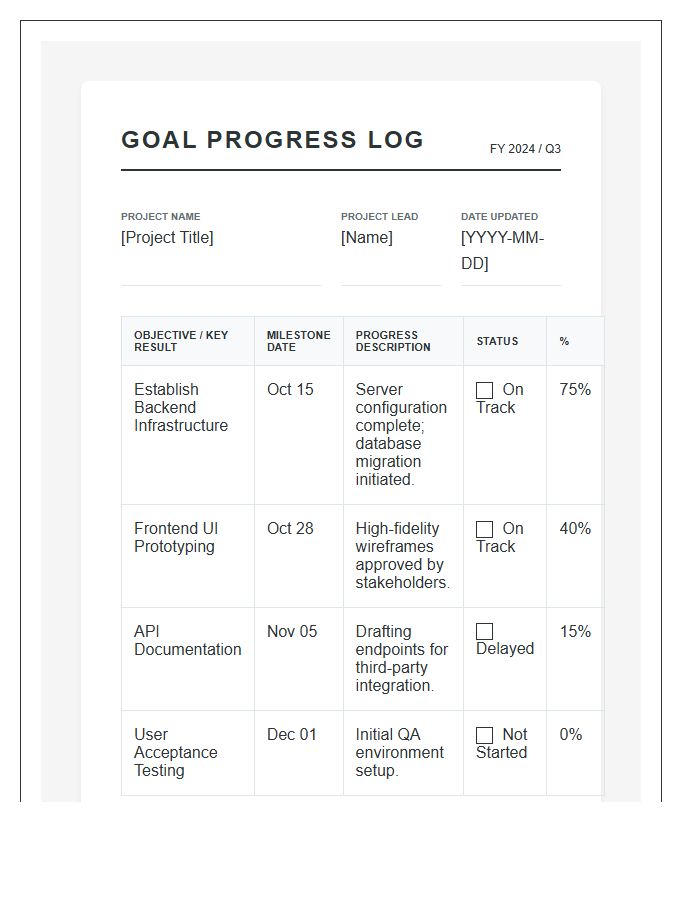Printable Project Management Goal Setting Progress Log Chart