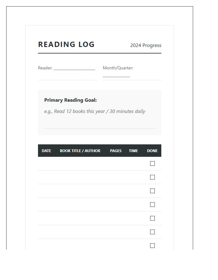 Printable Reading Goal Setting Progress Log Chart