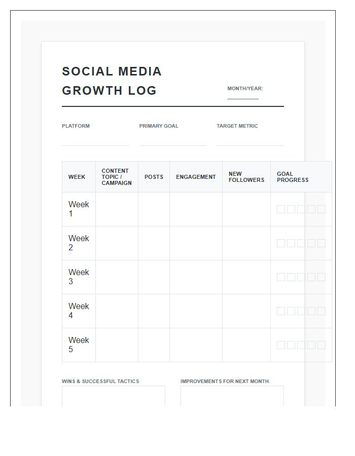 Printable Social Media Goal Setting Progress Log Chart