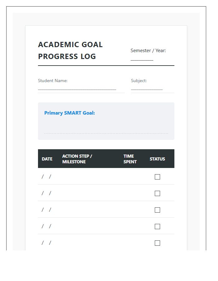 Printable Student Academic Goal Setting Progress Log Chart