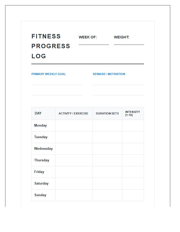 Printable Weekly Fitness Goal Setting Progress Log Chart