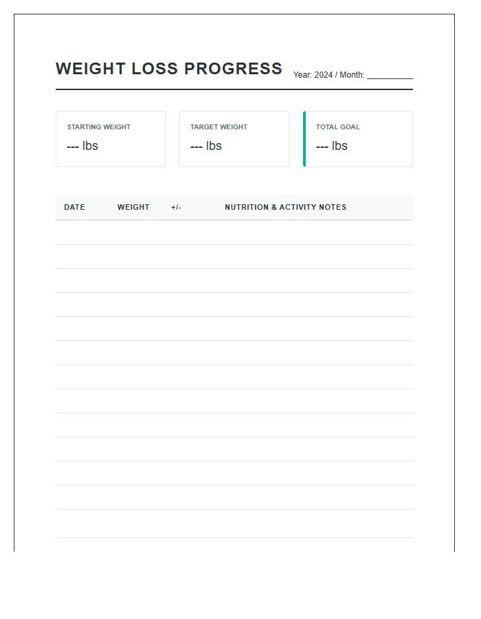 Printable Weight Loss Goal Setting Progress Log Chart