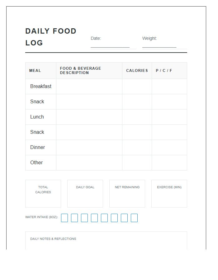Printable Calorie Counter Journal Log Chart For Weight Loss