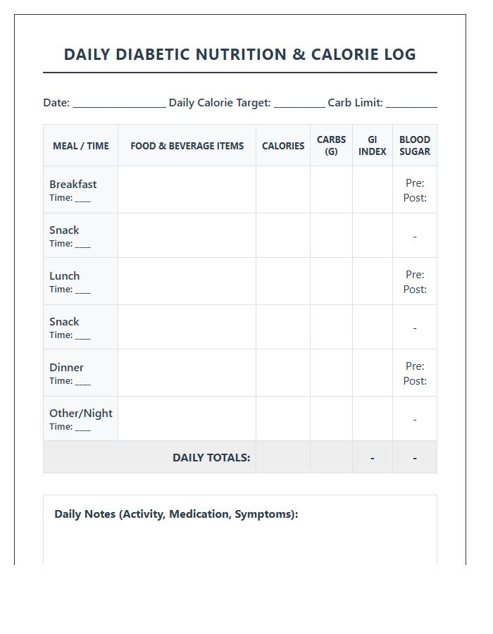 Printable Calorie Counter Log Chart For Diabetic Diets