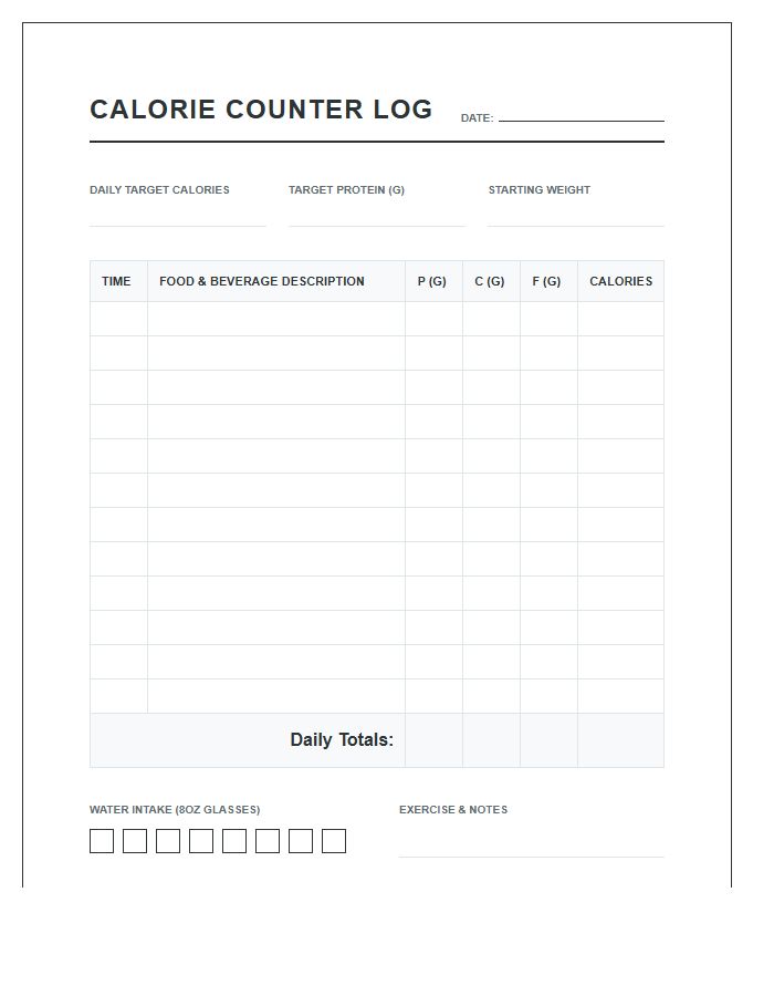 Printable Calorie Counter Log Chart For Fitness Goals