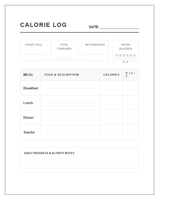 Printable Calorie Counter Track Progress Log Chart