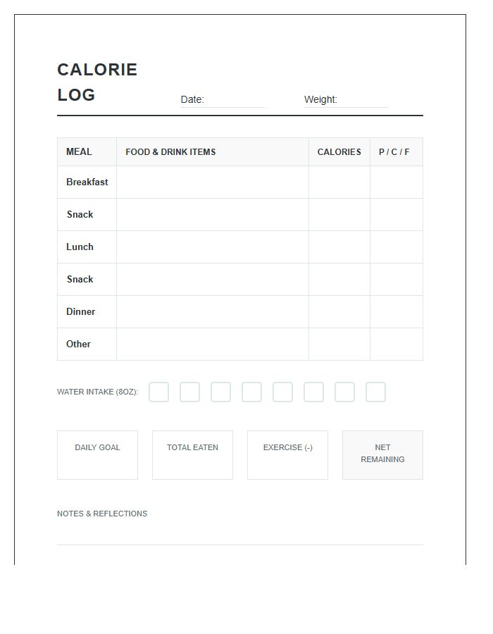 Printable Calorie Counter Tracker Log Chart For Beginners