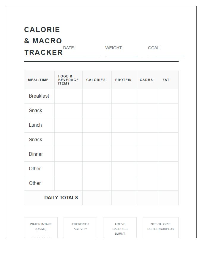 Printable Comprehensive Calorie Counter Log Tracker Chart