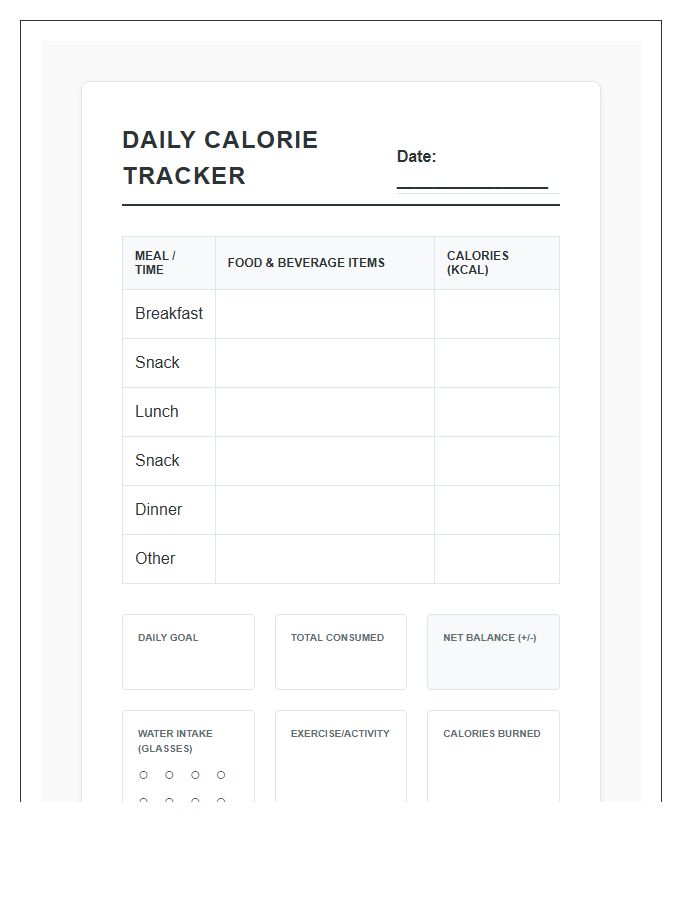 Printable Daily Calorie Counter Tracker Record Chart