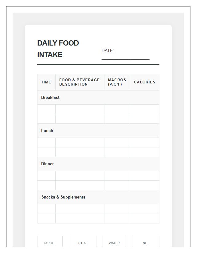 Printable Daily Food Intake Calorie Counter Chart