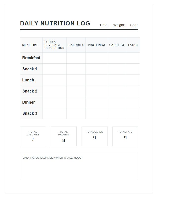 Printable Detailed Meal Calorie Counter Log Chart