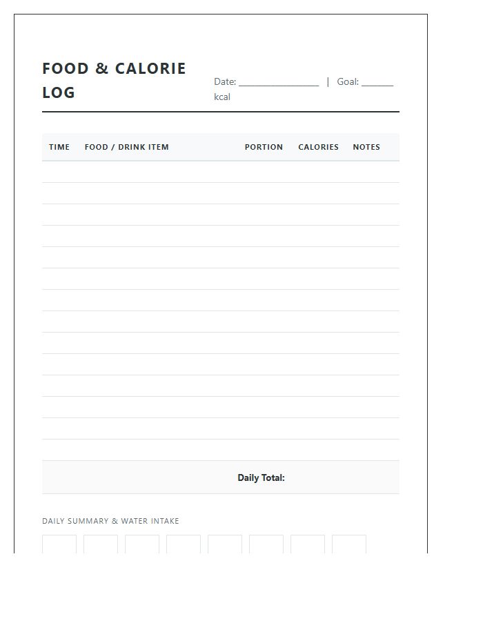 Printable Food Portion Calorie Counter Log Chart